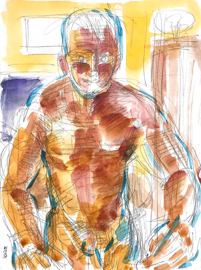 nackter Maler Looking in a mirror