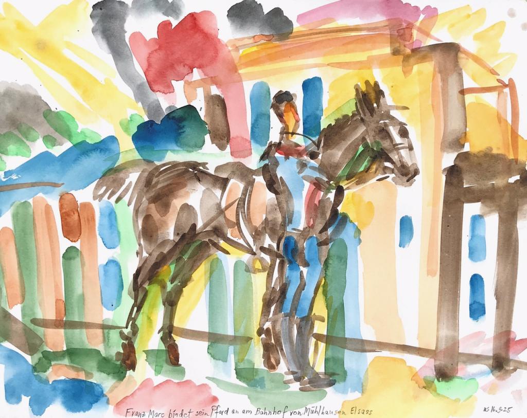 Franz Marc bindet sein Pferd am Bahnhof Muehlhausen Elsass an