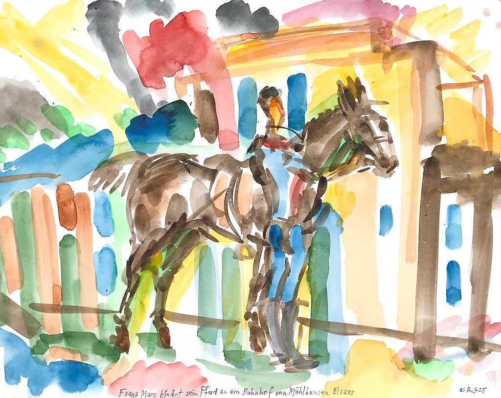 Franz Marc bindet sein Pferd am Bahnhof von Muehlhausen Elsass an