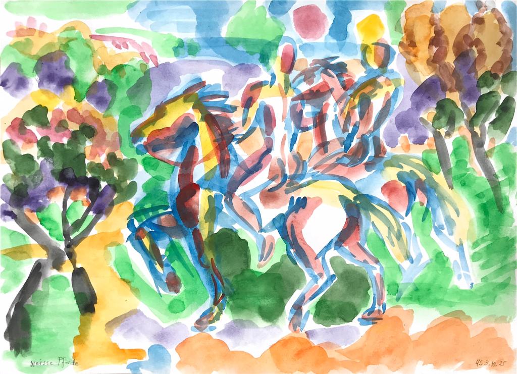 August und Franz reiten mit weissen Pferden ins Blaue